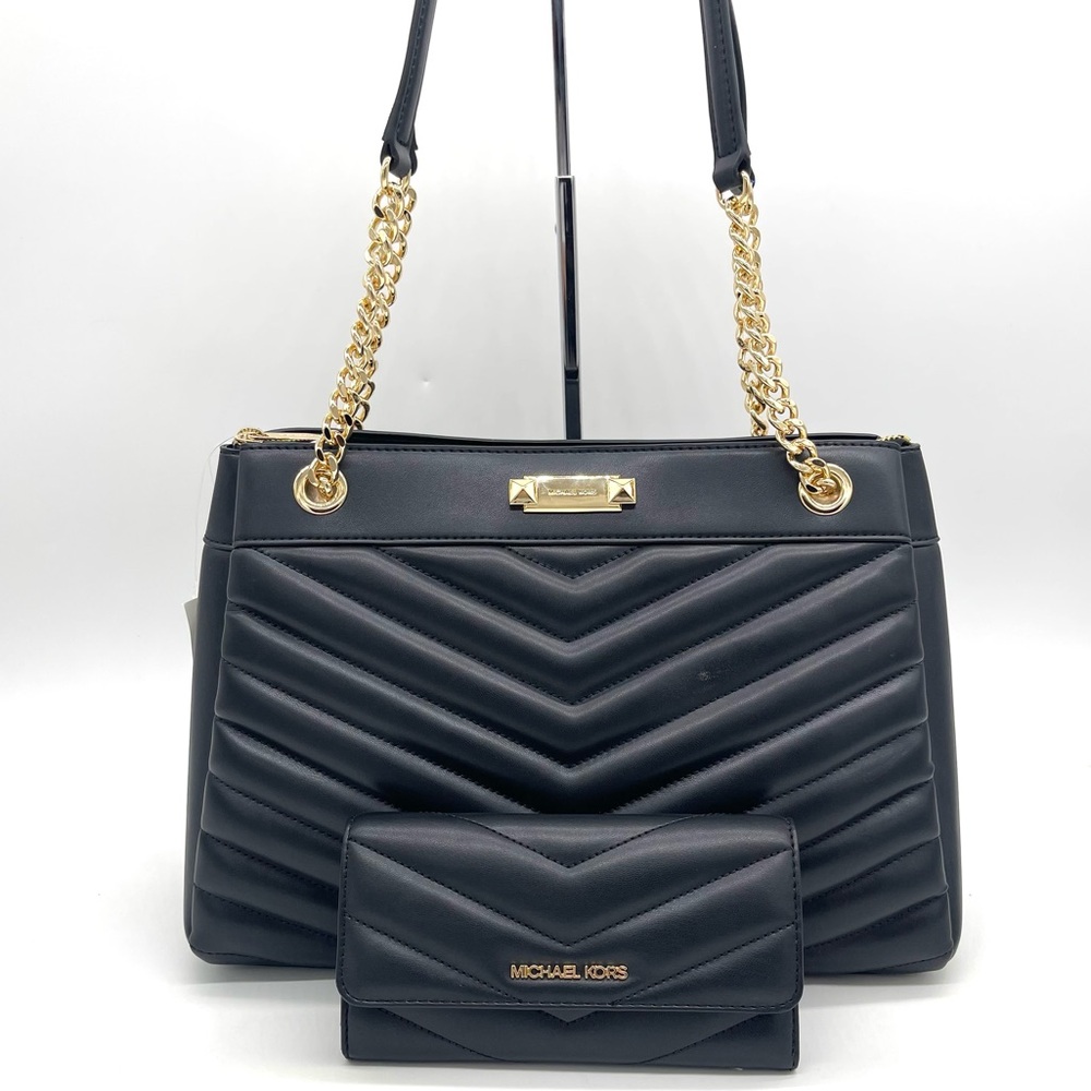 Michael Kors Black Quilted Whitney Shoulder Tote Bag & Trifold Wallet